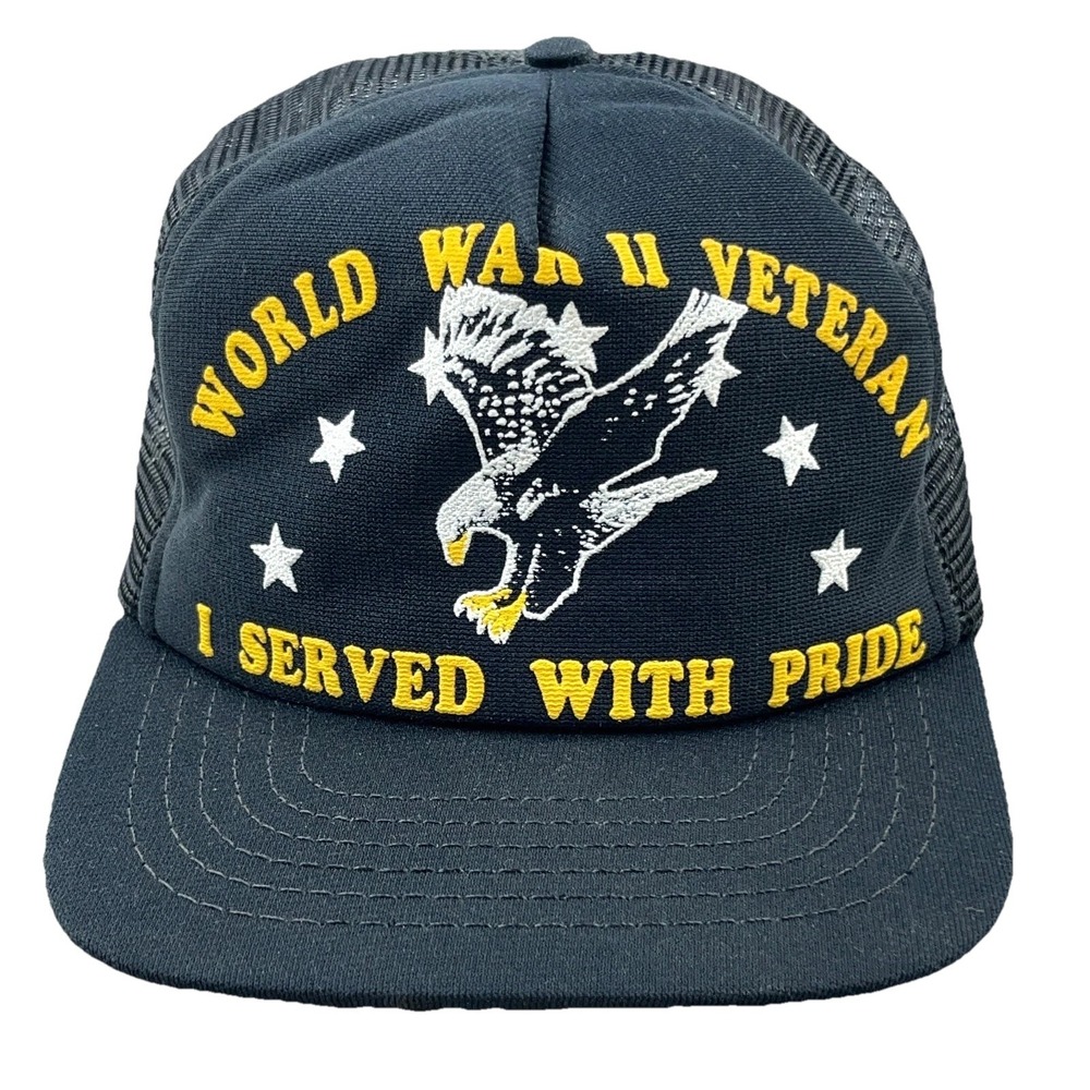 Vintage World‎ War 2 Veteran Trucker Hat Cap Made In USA 80s Puffy Eagle Black